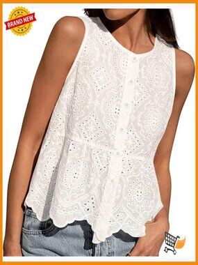 Women's Sleeveless Button Down Tank Top Eyelet Embroidery Scalloped Hem